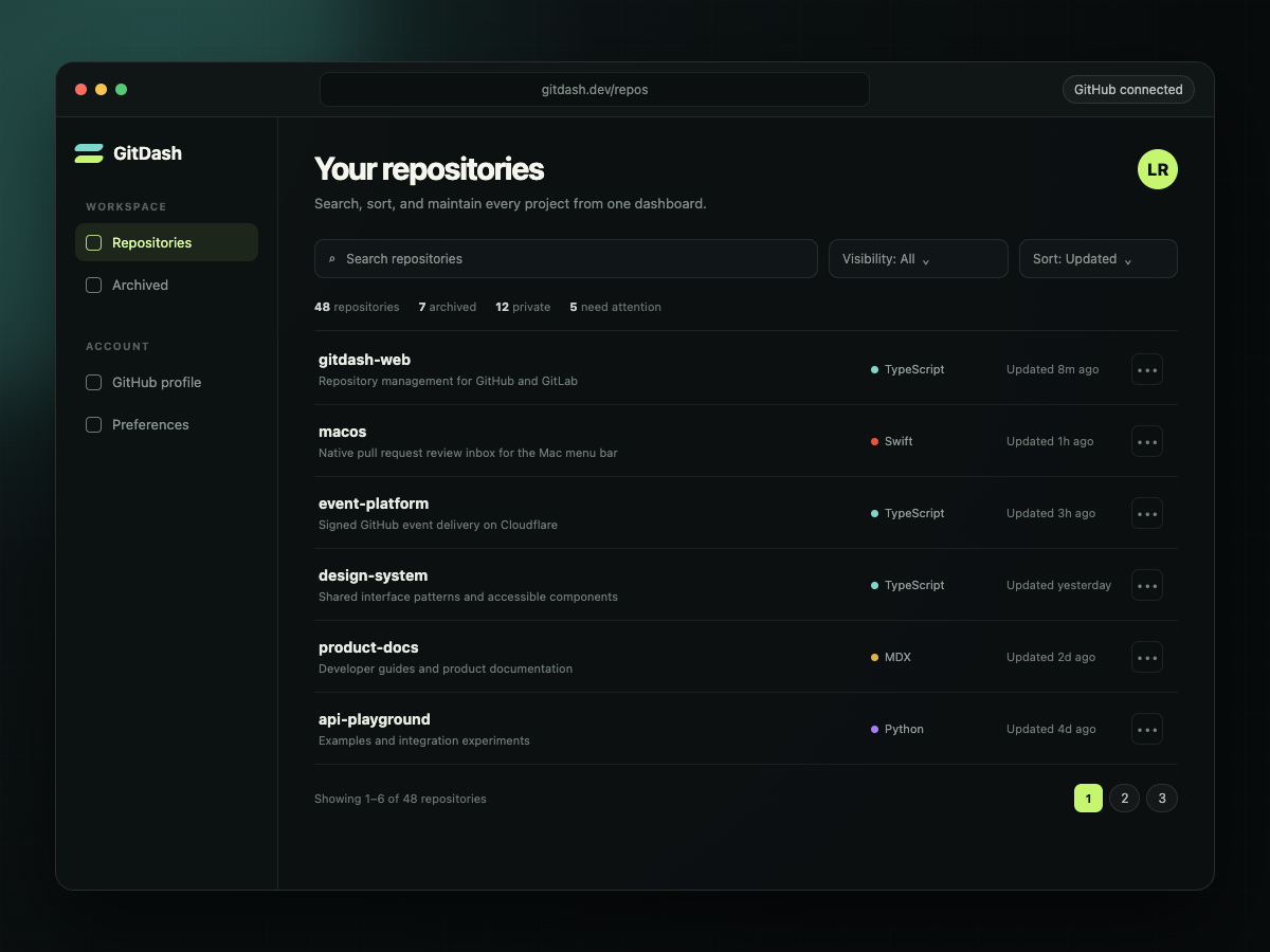 GitDash Web dashboard for searching, filtering, and managing GitHub repositories