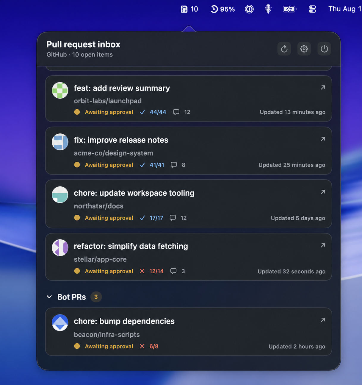 GitDash for Mac privacy-safe demo inbox showing pull requests awaiting review