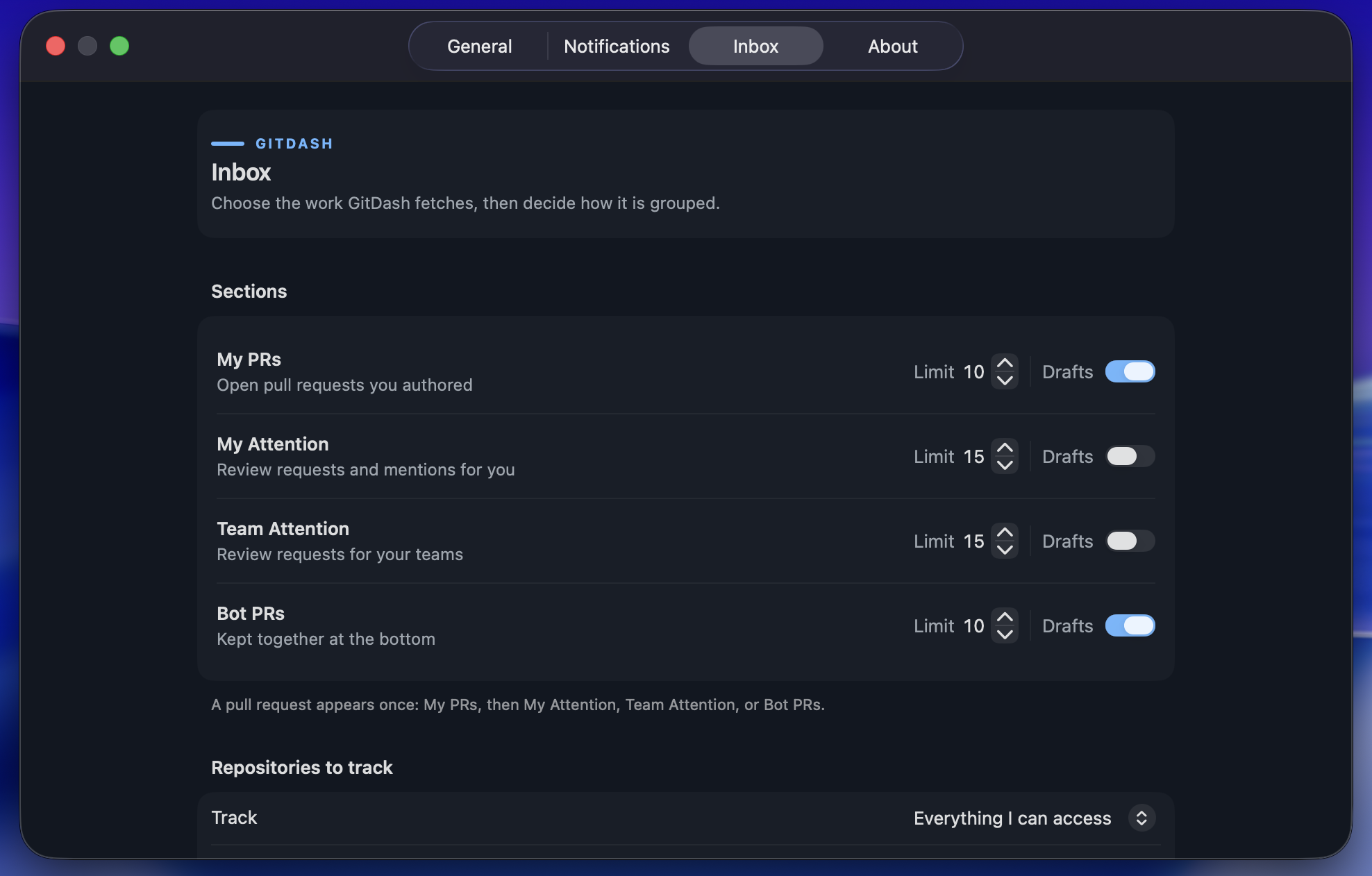 GitDash for Mac inbox section preferences