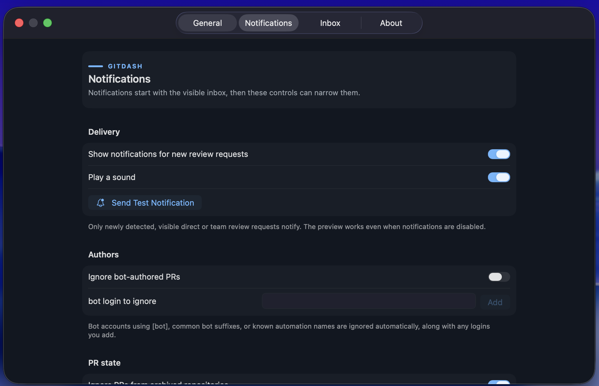 GitDash for Mac notification preferences